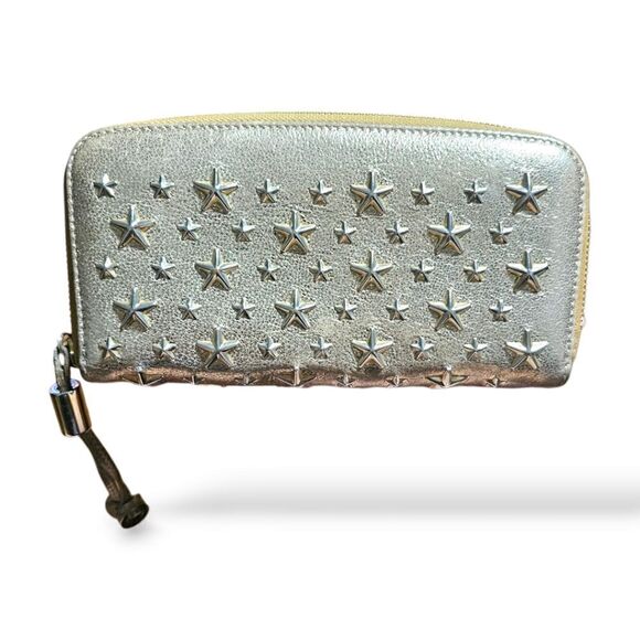 Jimmy Choo Filipa Star-studded Embossed Leather Gold Metallic Wallet - Picture 1 of 17